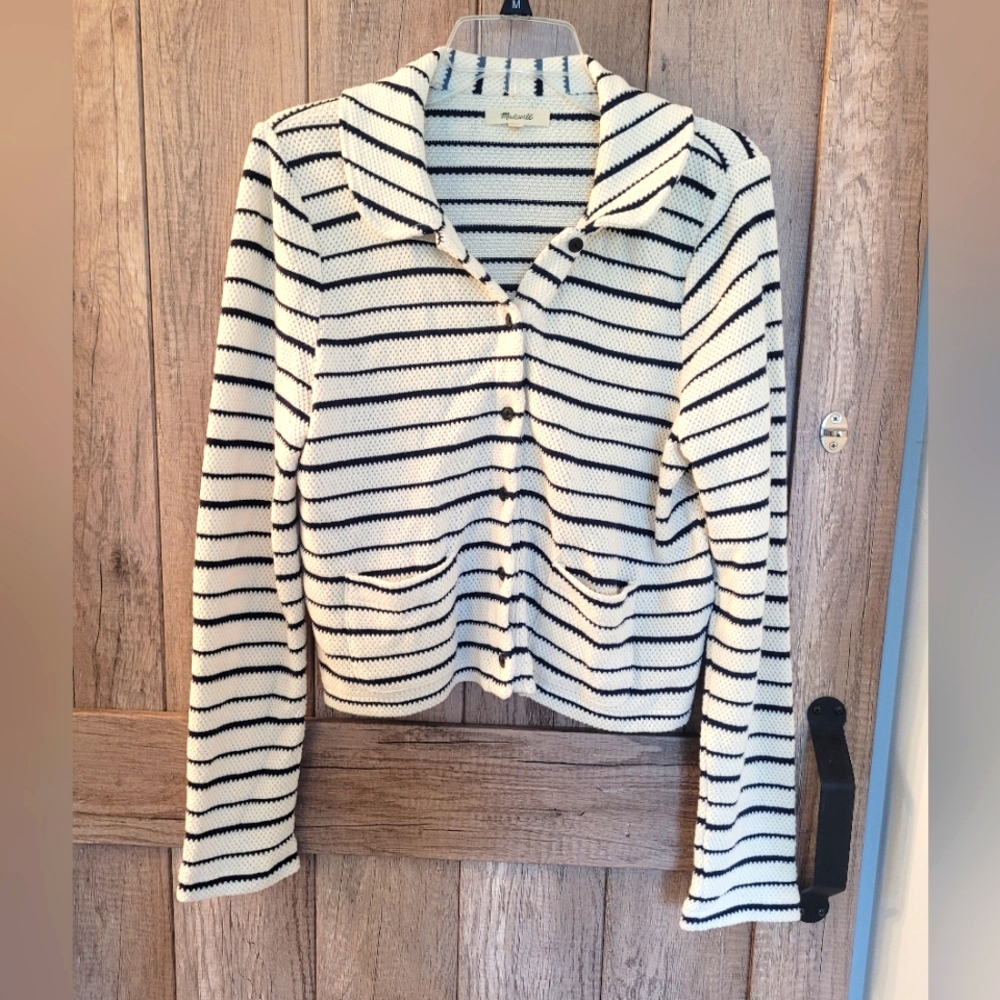 Madewell Cream Striped button up sweater jacket, Size Medium, NWOT
